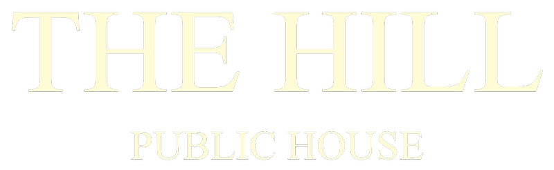 The Hill Public House, a serif wordmark in muted sage green, the name in tall elegant capitals with "Public House" spaced quietly beneath.